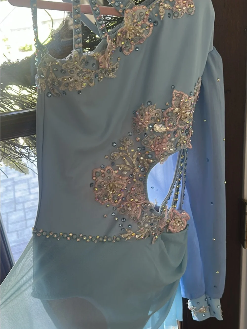 Ice Blue Embellished lyrical costume  with Pink Floral Appliqués